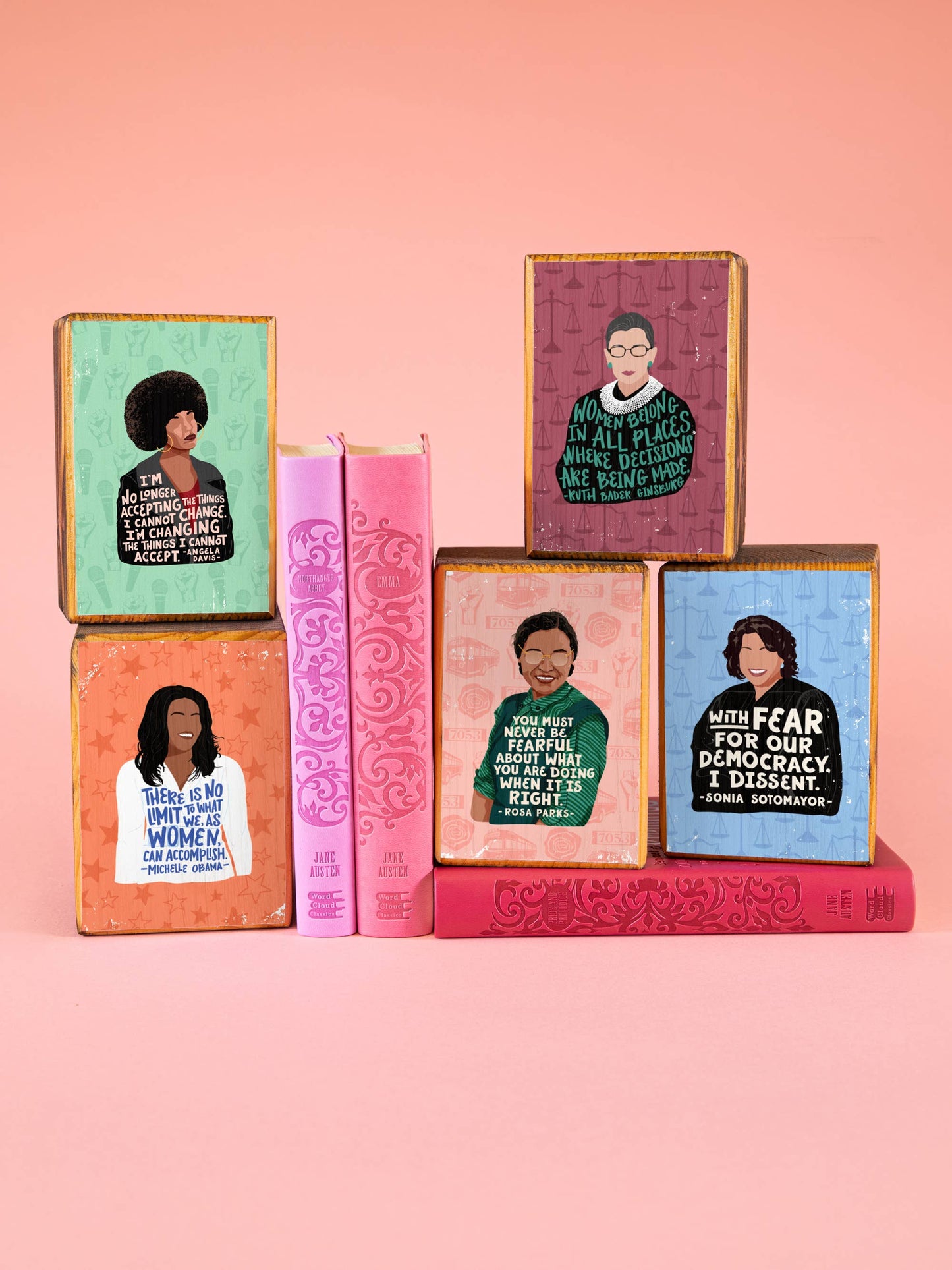 Iconic Woman Quote Wood Bookend (sold individually): Angela Davis Women's Empowerment Inspiration