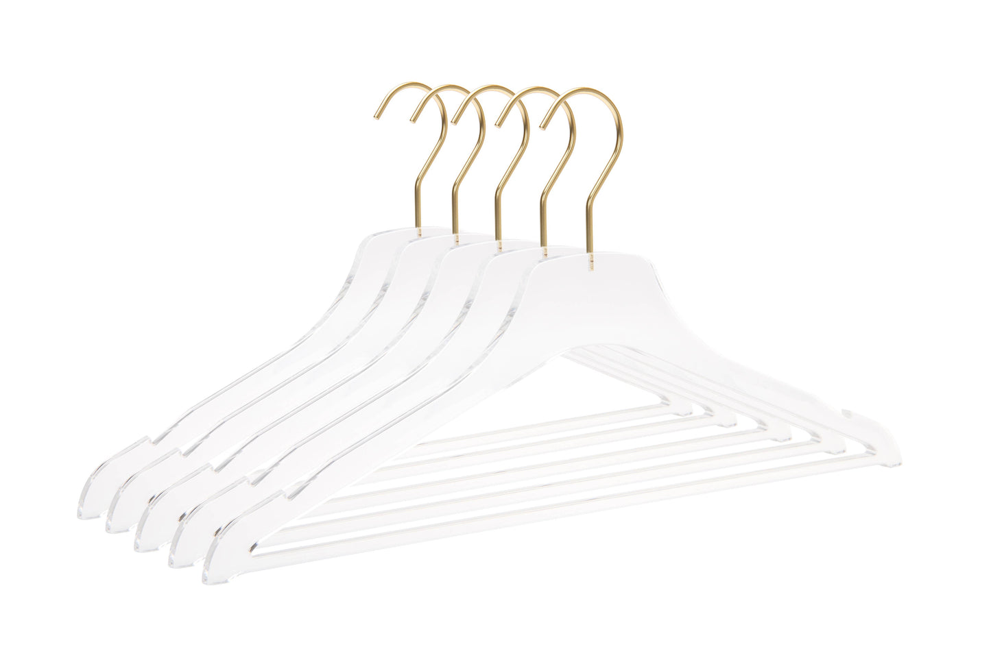 17" Acrylic Lucite Shirt Coat Suit Hanger with Strap Notch, Pant Bar and Gold Hardware - Set of 5 Hangers