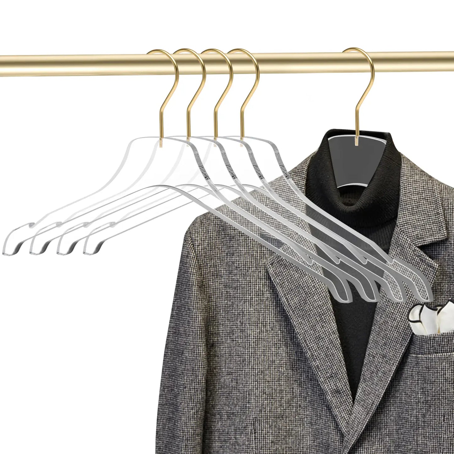 17" Acrylic Lucite Shirt Coat Suit Hanger with Strap Notch and Gloss Gold Hardware - Set of 5 Hangers