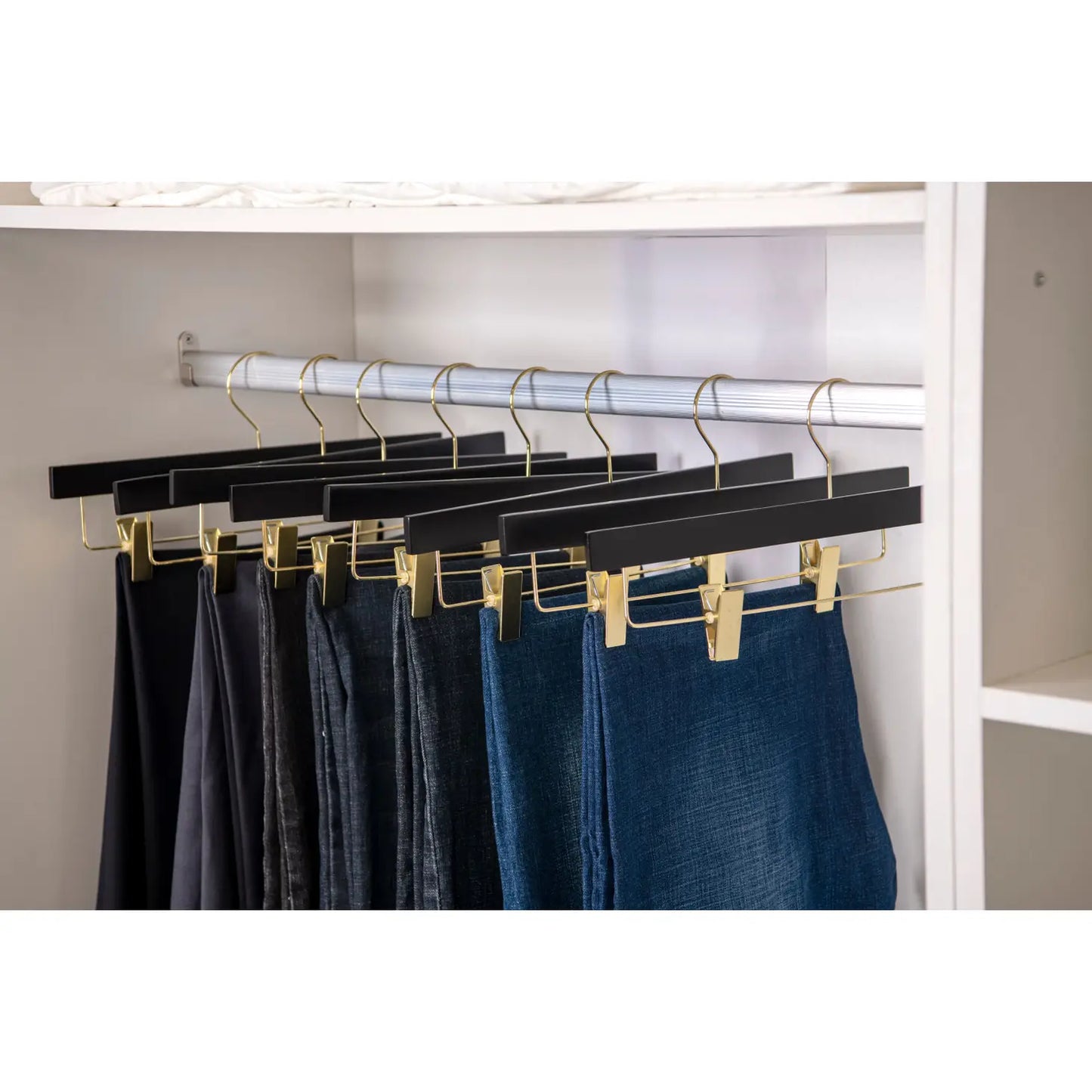 Ultra Slim Black Wooden Skirt Pant Shorts Hangers + Clips with Gold Hardware - Pack of 5 Hangers