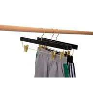 Ultra Slim Black Wooden Skirt Pant Shorts Hangers + Clips with Gold Hardware - Pack of 5 Hangers