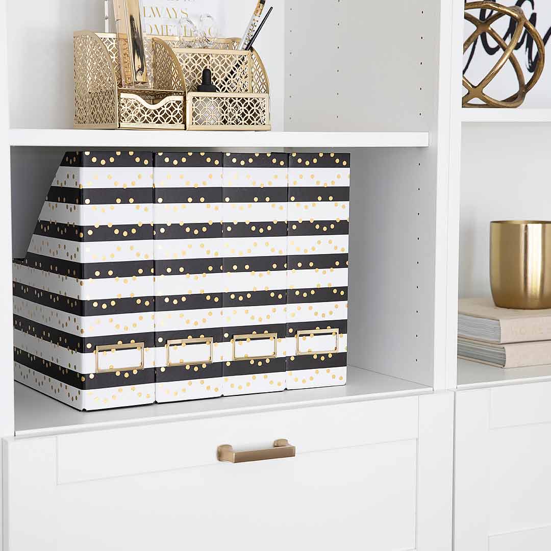 Foldable Magazine File Box Holders Set of 4 - Black, White and Gold