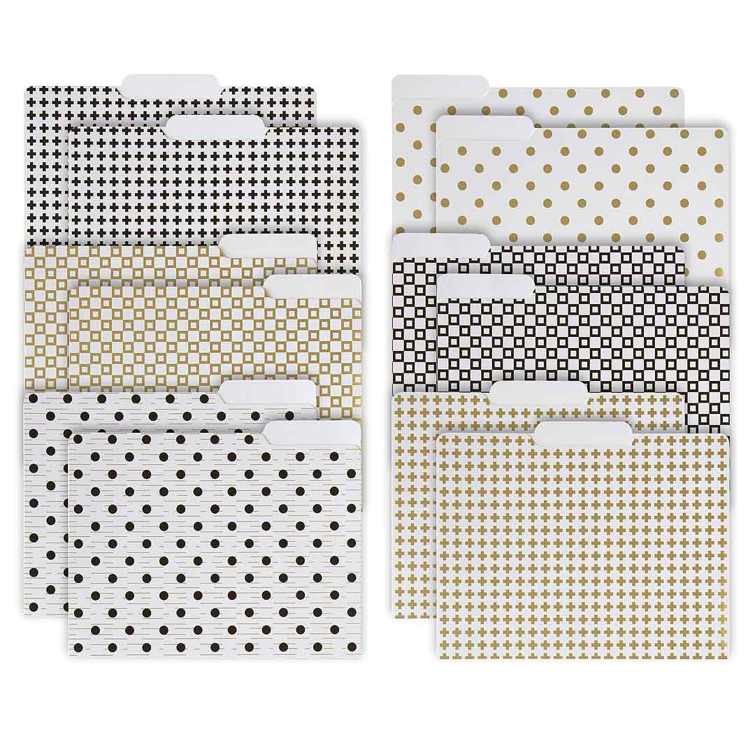 Decorative File Folders Set of 12 - Black, White & Gold