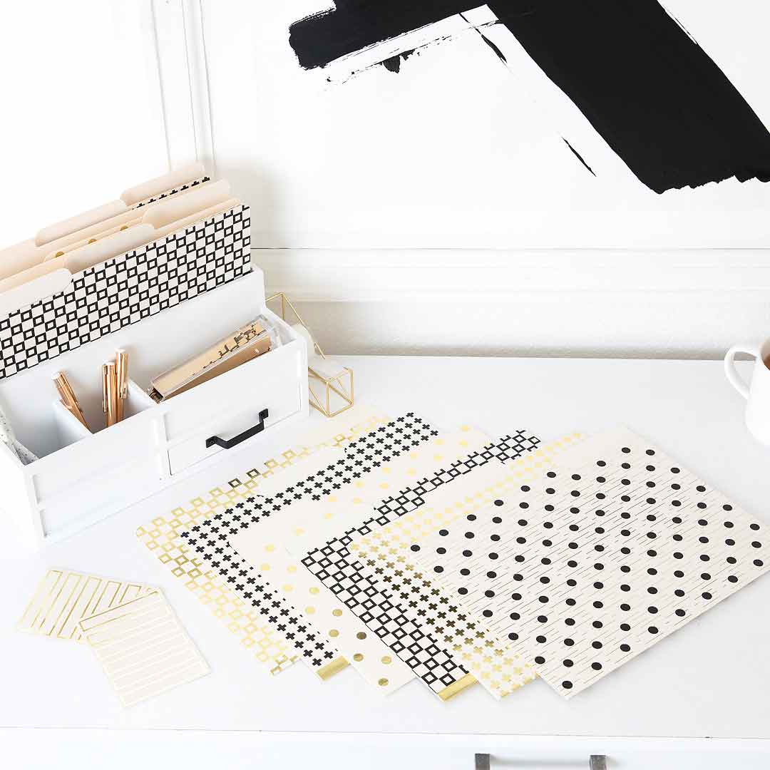 Decorative File Folders Set of 12 - Black, White & Gold