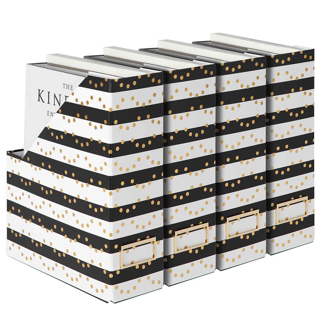 Foldable Magazine File Box Holders Set of 4 - Black, White and Gold