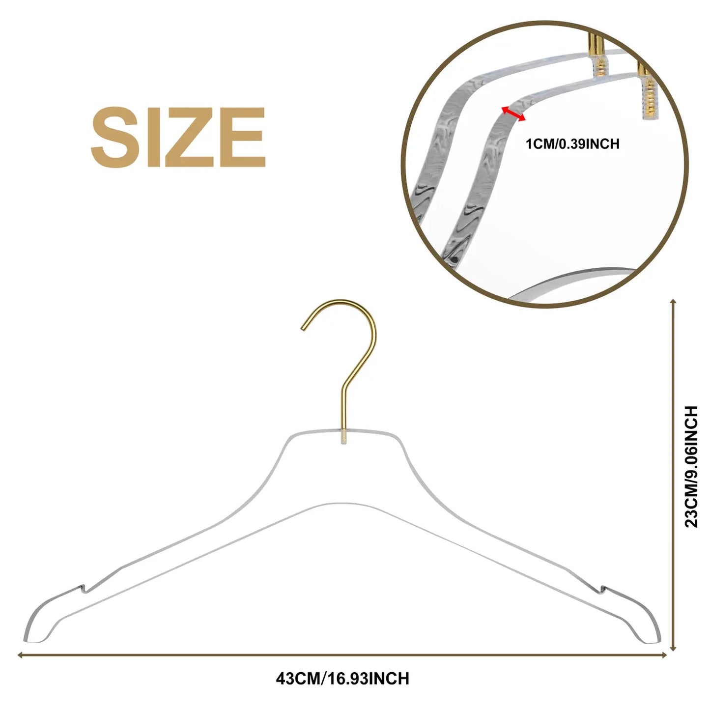 17" Acrylic Lucite Shirt Coat Suit Hanger with Strap Notch and Gloss Gold Hardware - Set of 5 Hangers
