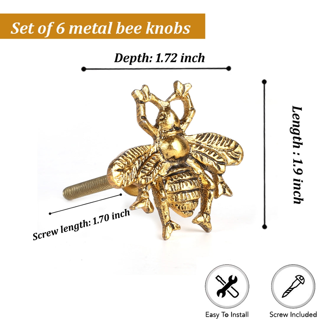 Brass Bee Knobs - Set of 6