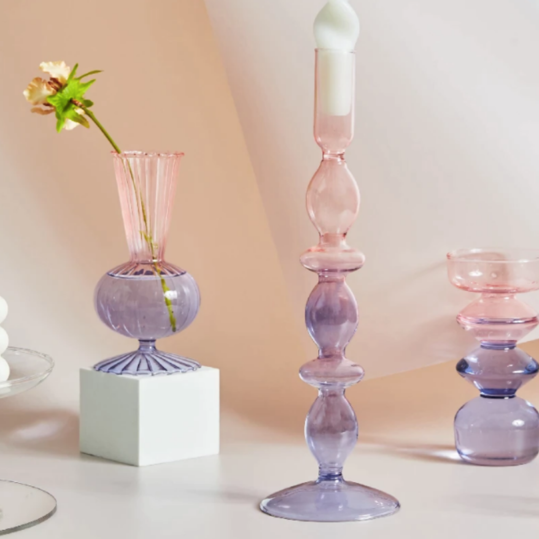 Lilac Pink Glass Candlestick