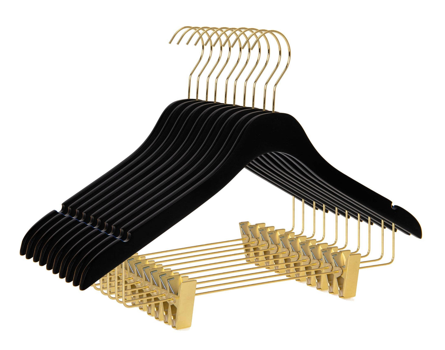 Ultra Slim Black Wooden Skirt Pant Hangers + Clips with Notches and Gold Hardware - Pack of 5 Hangers