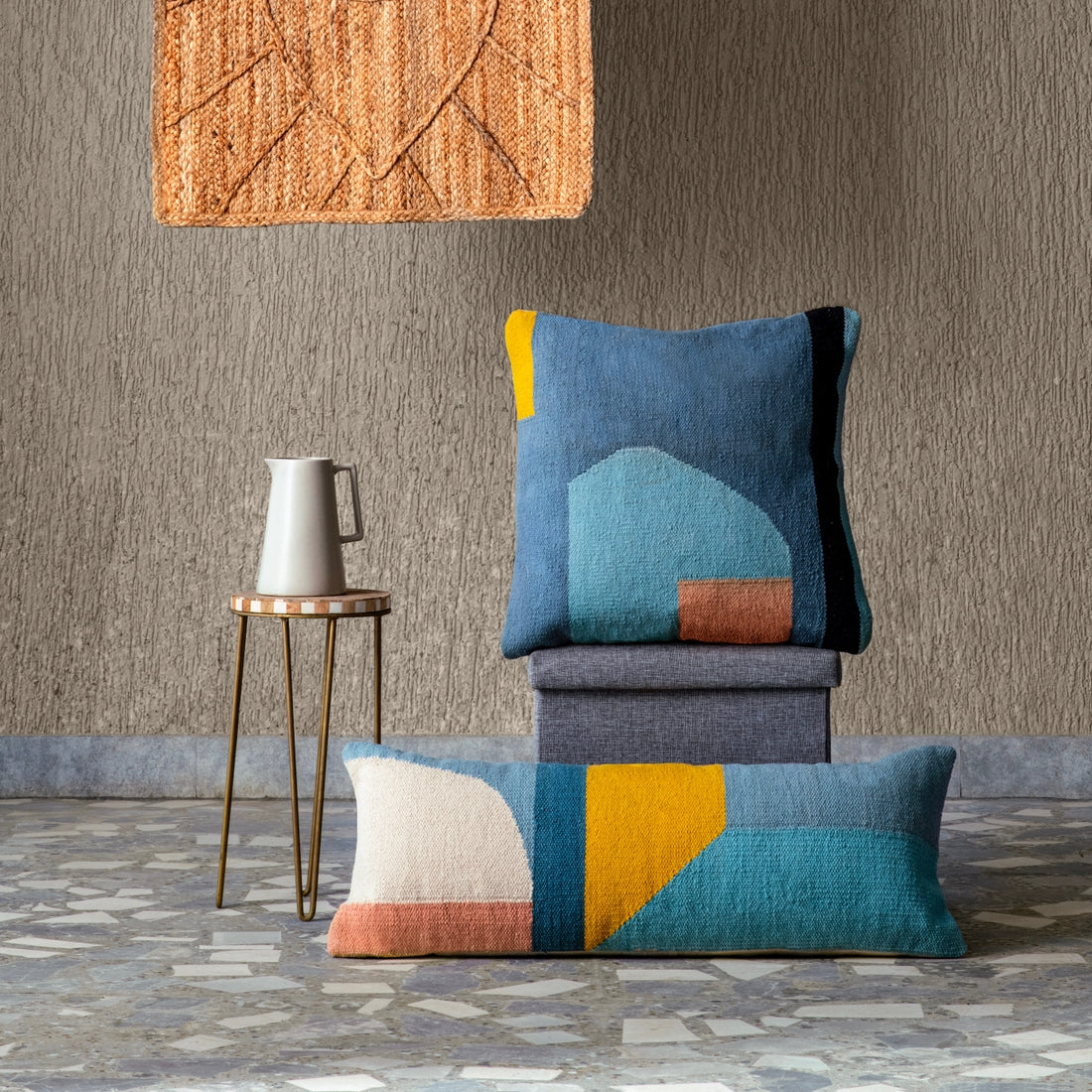 Geo Shapes Handcrafted Lumbar Pillow, Blue Multi by Casa Amarosa