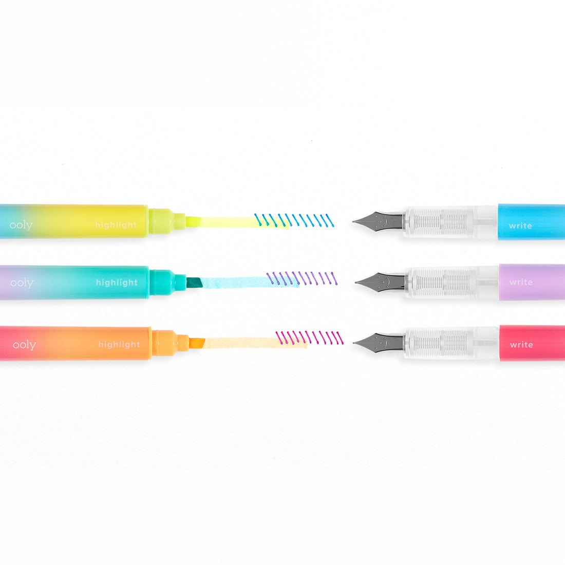 OOLY Writer's Duo Double-Ended Fountain Pens + Highlighters - Set of 3