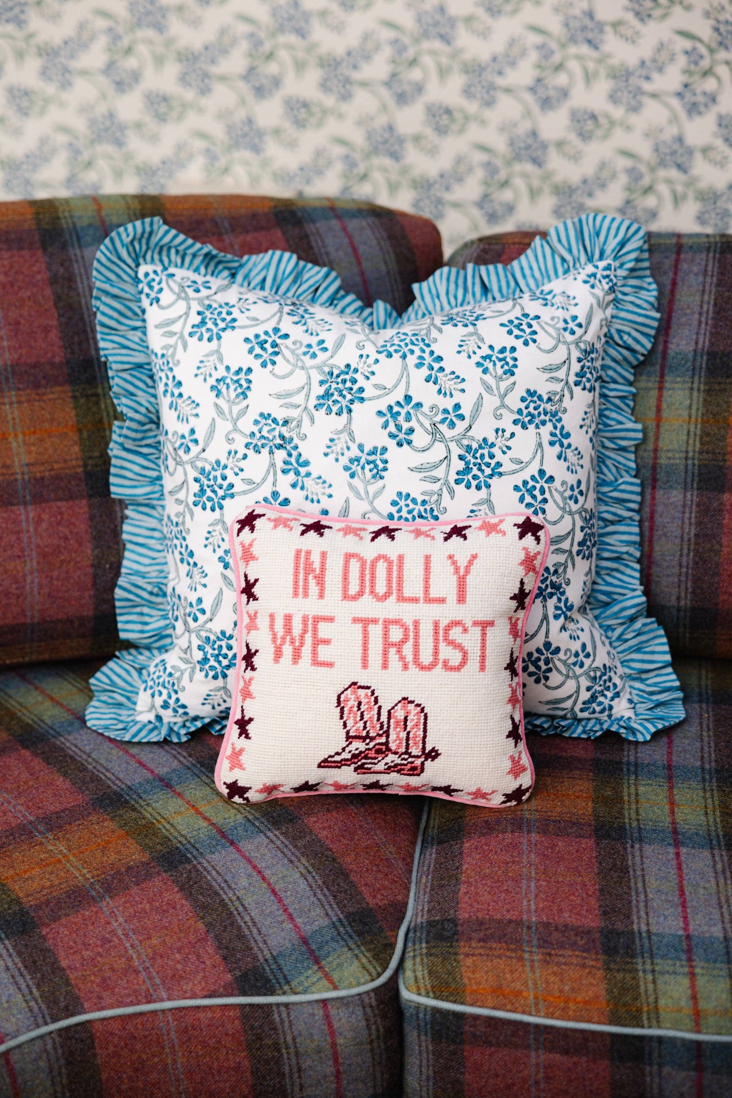 In Dolly We Trust Needlepoint Pillow by Furbish