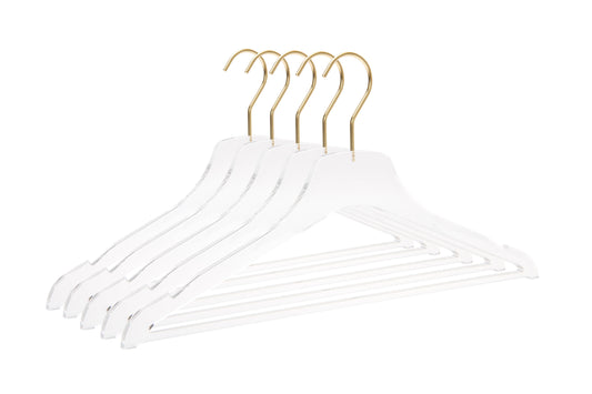17" Acrylic Lucite Shirt Coat Suit Hanger with Strap Notch, Pant Bar and Gold Hardware - Set of 5 Hangers