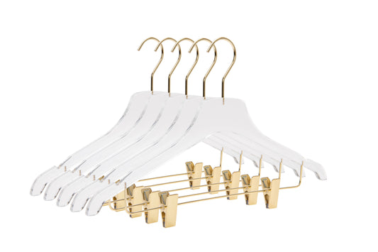 17" Acrylic Lucite Shirt Coat Suit Hanger with Pant Clips and Gloss Gold Hardware - Set of 5 Hangers