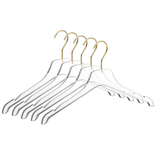 17" Acrylic Lucite Shirt Coat Suit Hanger with Strap Notch and Gloss Gold Hardware - Set of 5 Hangers