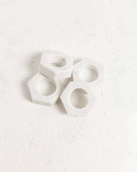 WHITE MARBLE HEXA NAPKIN RING SET OF 4