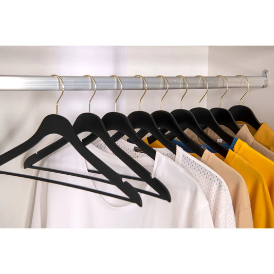 Ultra Slim Black Wooden Suit Hangers with Pant Bar and Gold Hardware - Pack of 5 Hangers