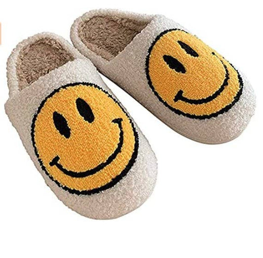 Retro Smiley Face Slippers - Off-White with Yellow