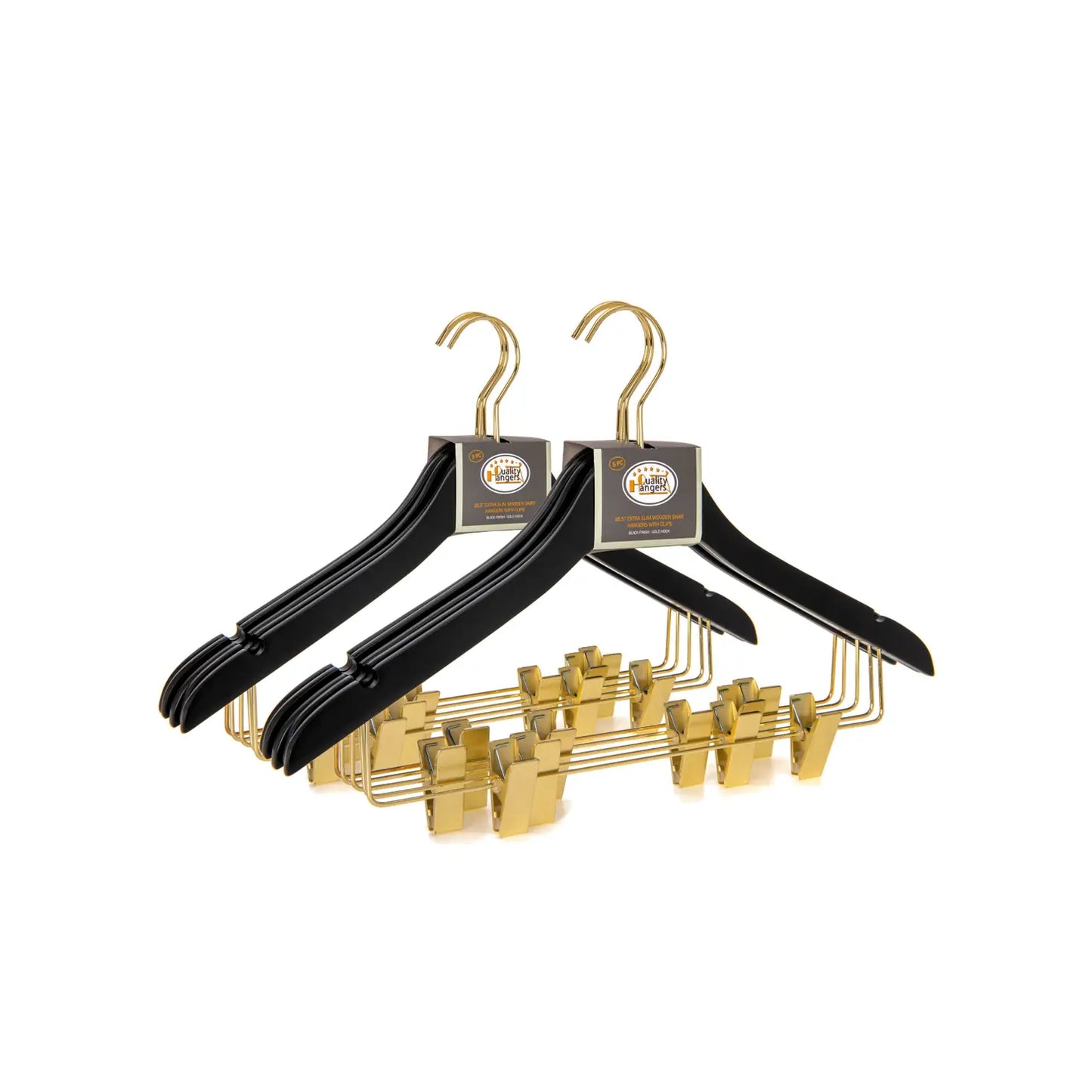 Ultra Slim Black Wooden Skirt Pant Hangers + Clips with Notches and Gold Hardware - Pack of 5 Hangers