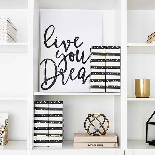 Foldable Magazine File Box Holders Set of 4 - Black, White and Gold