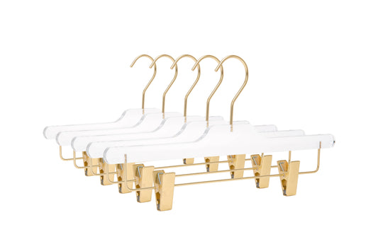 14" Acrylic Lucite Skirt Pant Hanger with Clips in Gloss Gold Hardware - Set of 5 Hangers