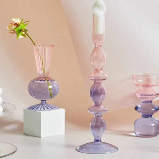 Lilac Pink Glass Candlestick