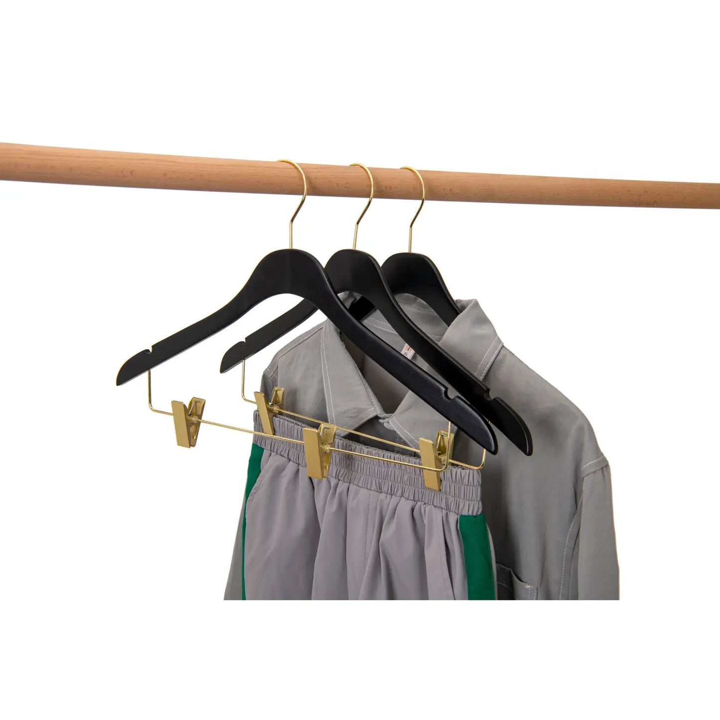 Ultra Slim Black Wooden Skirt Pant Hangers + Clips with Notches and Gold Hardware - Pack of 5 Hangers