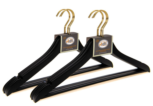 Ultra Slim Black Wooden Suit Hangers with Pant Bar and Gold Hardware - Pack of 5 Hangers