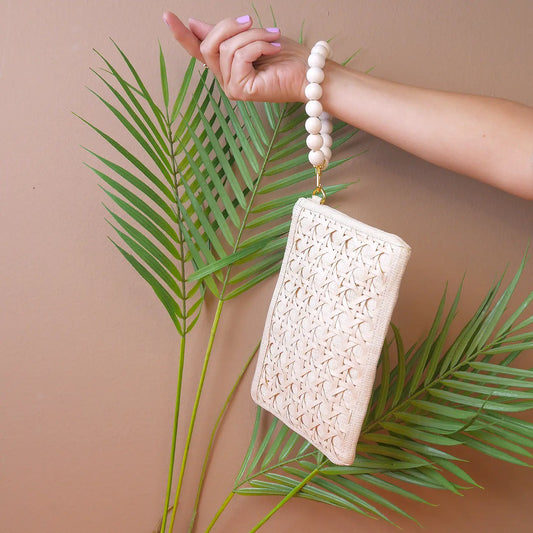 Cream Woven Rattan Wristlet Purse
